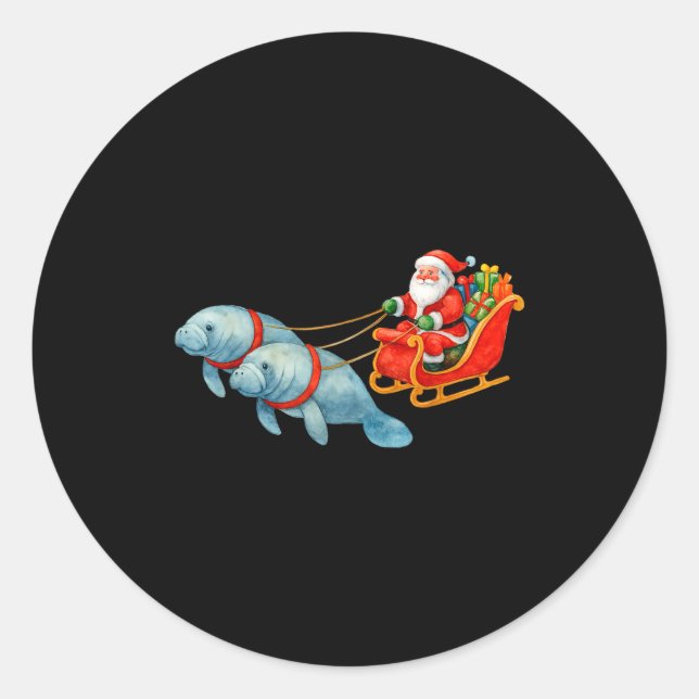 Pegatina Redonda Manatee Santa Christmas Sleigh - Funny Manatee Xma (Anverso)