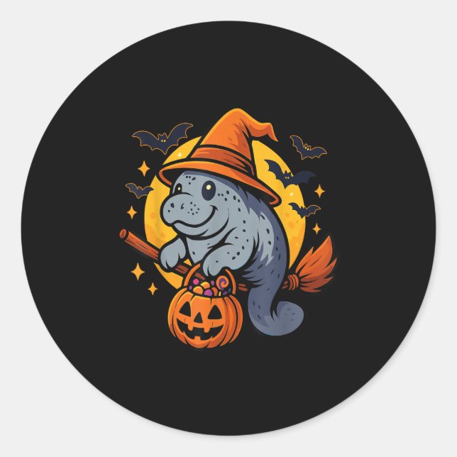 Pegatina Redonda Manatee Witch Hat Pumpkin Halloween Soky Season  (Anverso)