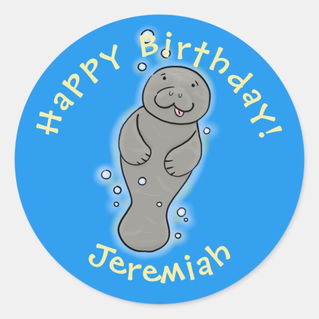 Pegatina Redonda Manatí de bebé con ilustracion de burbujas (Anverso)