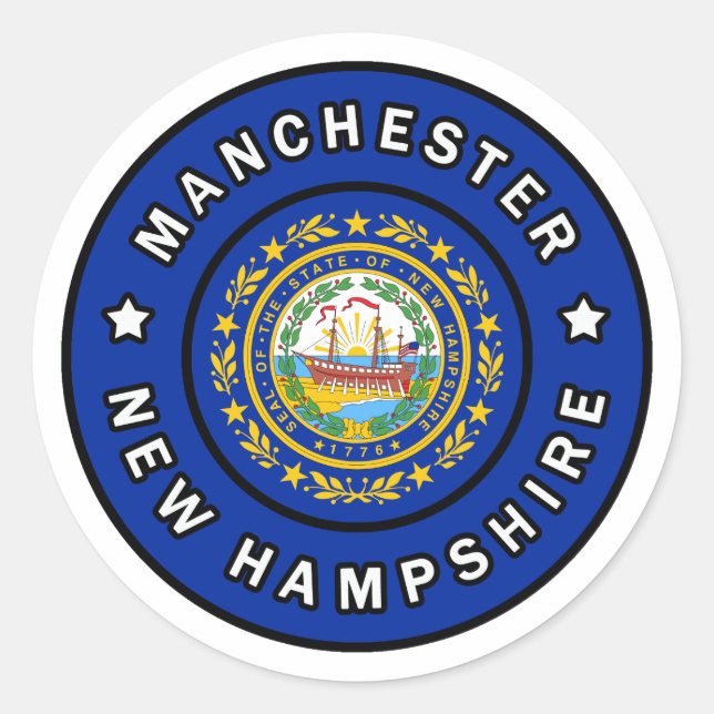 Pegatina Redonda Manchester New Hampshire (Anverso)