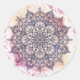 Pegatina Redonda Mandala Alegre Aéreo Rosa Púrpura Amarillo Azul y 