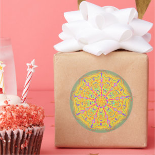 Pegatina Redonda Mandala amarilla con geometría rosa 9