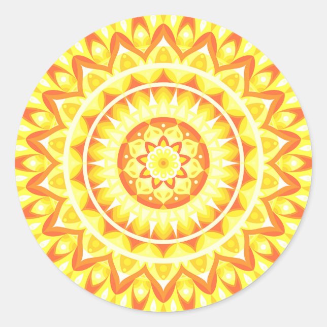 Pegatina Redonda Mandalá Amarillo Brillante Sol Boho Decal Alegre (Anverso)