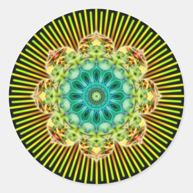 Pegatina Redonda Mandala amarillo verde | negro (Anverso)