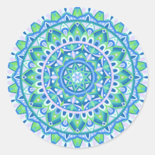 Pegatina Redonda Mandalá Azul Estético Geométrico Espiritual Boho