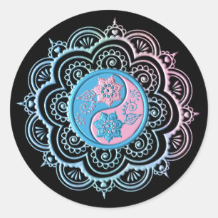 Pegatina Redonda Mándala azul y rosa