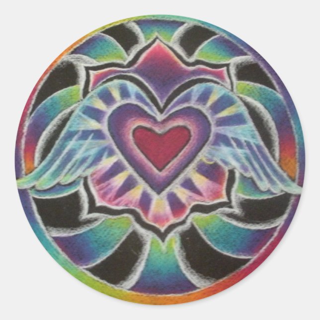 Pegatina Redonda Mandala coa alas arco iris del corazón (Anverso)