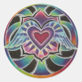 Pegatina Redonda Mandala coa alas arco iris del corazón