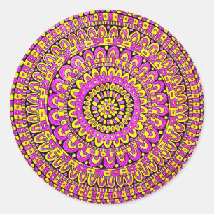 Pegatina Redonda Mándala de color amarillo púrpura dibujado a mano