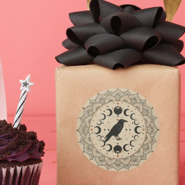 Pegatina Redonda Mandalá de Cuervo de Fase Lunar