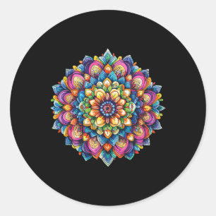 Pegatina Redonda Mandala de flor de loto vibrante rueda de meditaci