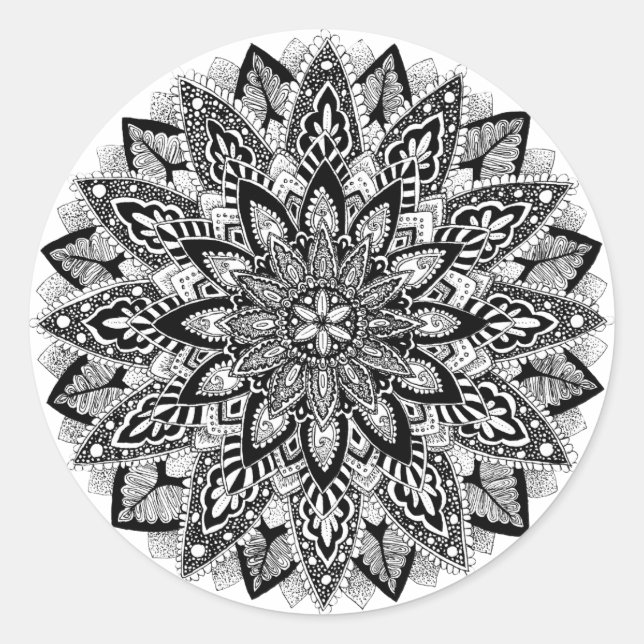 Pegatina Redonda Mandala de la flor blanco y negro (Anverso)