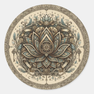 Pegatina Redonda Mandalá de Loto Sagrado Arte Espiritual Vintage