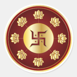 Pegatina Redonda Mandalá de loto Swastik dorado