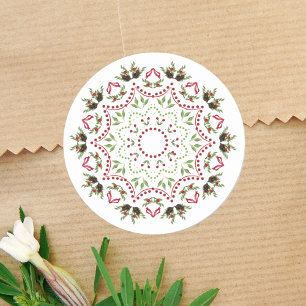 Pegatina Redonda Mandala de piñas de Navidad con ramas de pino