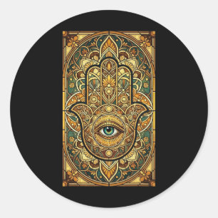 Pegatina Redonda Mandalá de Vidrio Manchado Mano Hamsa Meditación E