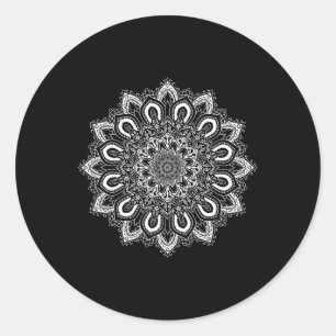 Pegatina Redonda Mandalá de yoga de flor de loto ornamentada blanca