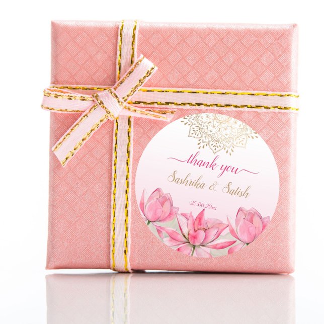 Pegatina Redonda Mandala dorada de loto rosa boda indio gracias (Pink lotus gold mandala Indian wedding thank you favor Sticker thank you stickers favor gifts)