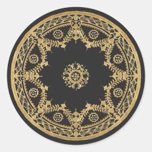Pegatina Redonda Mandala elegante en negro y oro