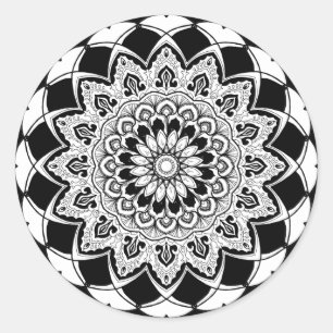 Pegatina Redonda Mandala en blanco y negro