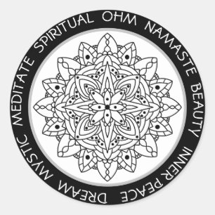 Pegatina Redonda Mandala espiritual mística negro y blanco