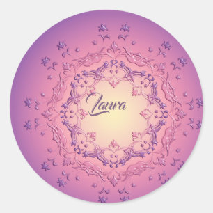 Pegatina Redonda Mandala floral étnica. Corona floral