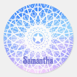 Pegatina Redonda Mandala Floral Morado, Blanco Y Azul