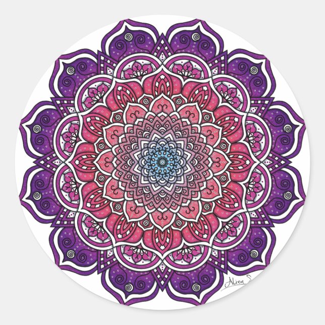 Pegatina Redonda Mandala floral morado-rosada (Anverso)