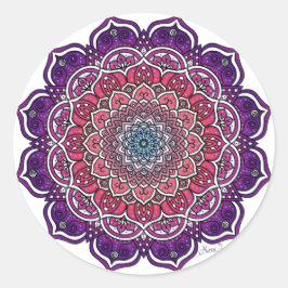 Pegatina Redonda Mandala floral morado-rosada