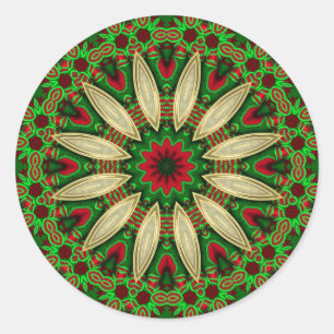 Pegatina Redonda Mandala geométrica de oro rojo verde festivo