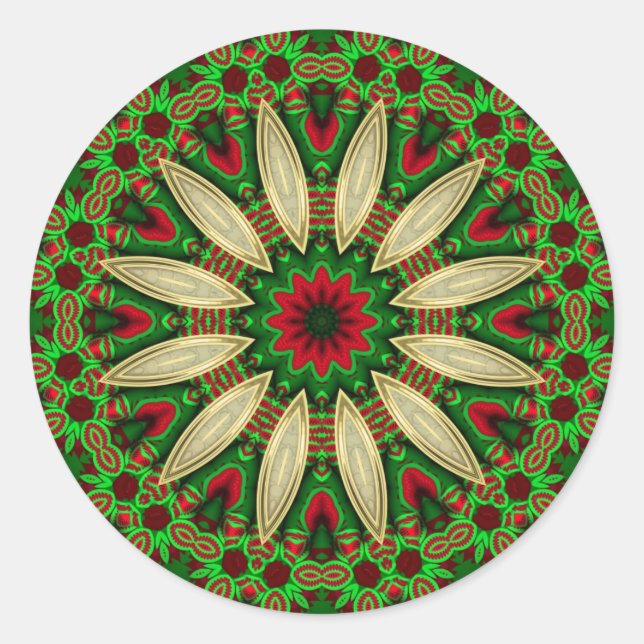 Pegatina Redonda Mandala geométrica de oro rojo verde festivo (Anverso)