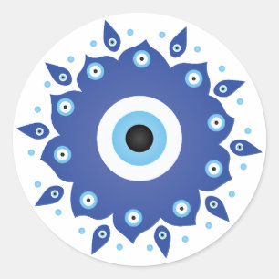 Pegatina Redonda Mandala griega malvado Ojo Azul Blanco