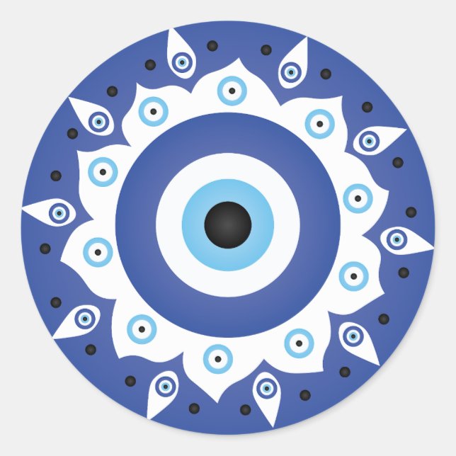 Pegatina Redonda Mandala griega malvado Ojo Azul Blanco (Anverso)