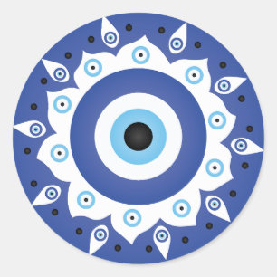 Pegatina Redonda Mandala griega malvado Ojo Azul Blanco