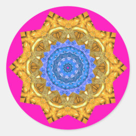 Pegatina Redonda Mandala Magic Blue & Gold sobre Fuchsia