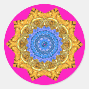 Pegatina Redonda Mandala Magic Blue & Gold sobre Fuchsia