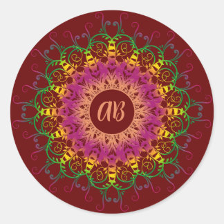 Pegatina Redonda Mandala multicolor floral étnica.