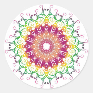 Pegatina Redonda Mandala multicolor floral étnica.