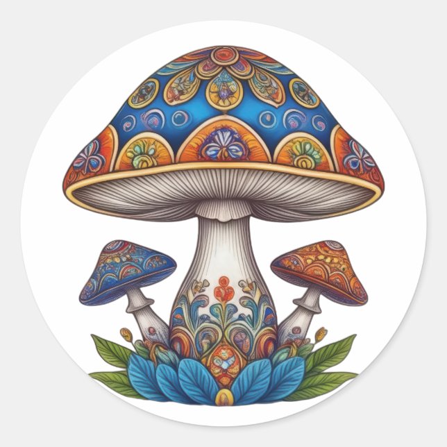 Pegatina Redonda Mandala Mushrooms (Anverso)