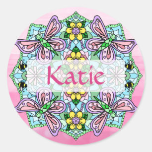 Pegatina Redonda Mandala personalizada de mariposa rosa y azul
