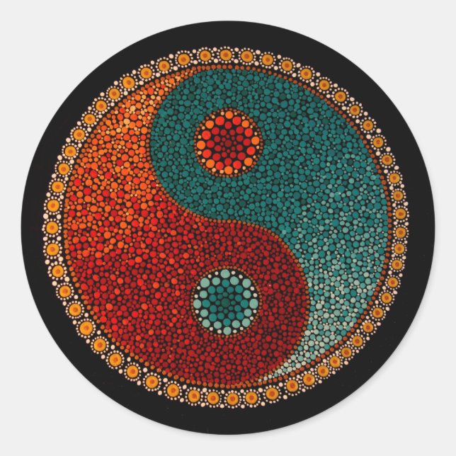 Pegatina Redonda Mandala pintada a mano de Yin Yang (Anverso)