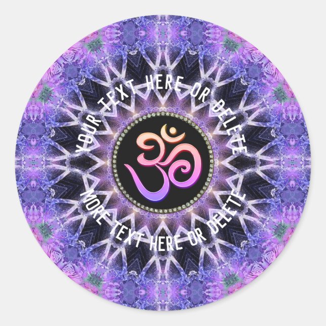Pegatina Redonda Mandala rosa morado con texto curvo personalizado (Anverso)