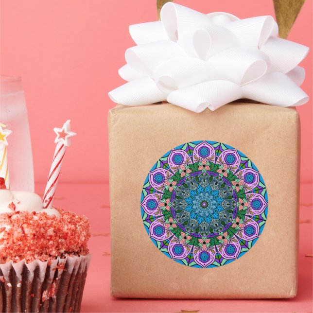 Pegatina Redonda Mandala TealRose 12 Petals Naranja rosado Verde az (Fiesta)