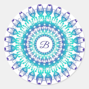 Pegatina Redonda Mandala verde azulada étnica.