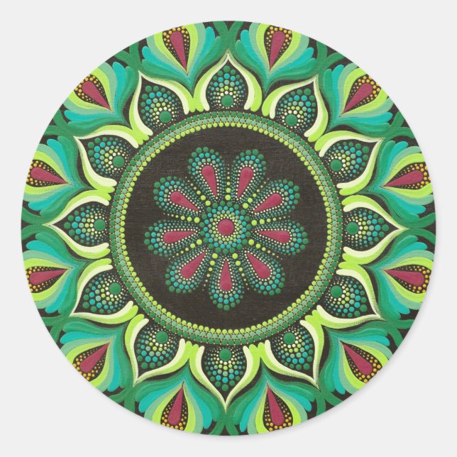 Pegatina Redonda Mandala verde elegante | Bohemian Zen Minimalista (Anverso)