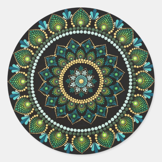 Pegatina Redonda Mandala verde | Pintado a mano | Geometría sagrada (Anverso)