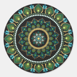 Pegatina Redonda Mandala verde   Pintado a mano   Geometría sagrada