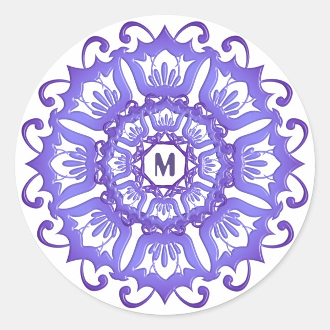 Pegatina Redonda Mandala violeta floral. Inicial. (Anverso)