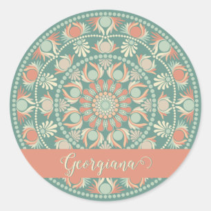 Pegatina Redonda Mandala y sabio retro ornato personalizado