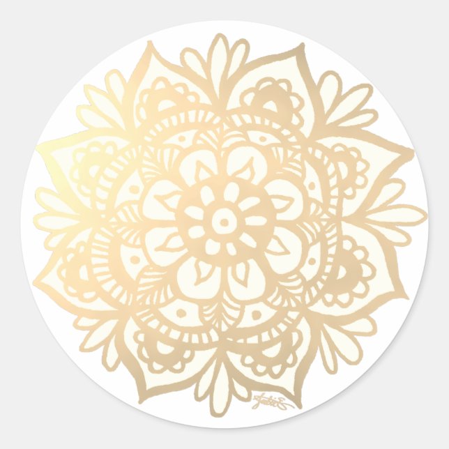 Pegatina Redonda Mandalas de Flor de Oro Amarillo (Anverso)
